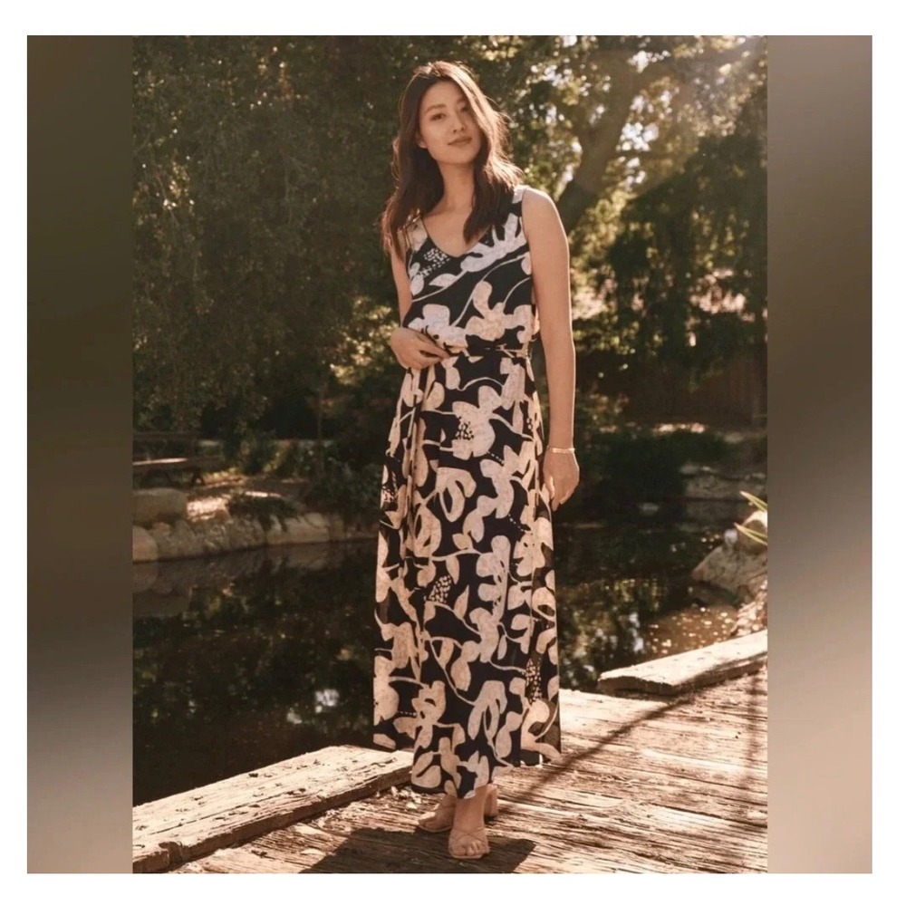 M7‎ Nic+Zoe Navy Blue Cream Floral V-Neck Sleeveless Maxi Dress XL